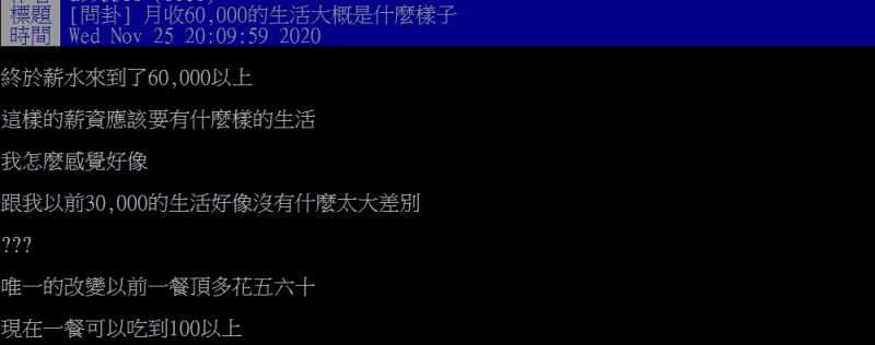 ▲原PO提問「月收6萬的生活大概是什麼樣子」。(圖/翻攝PTT)