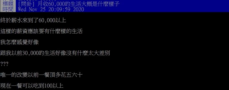 ▲原PO提問「月收6萬的生活大概是什麼樣子」。（圖／翻攝PTT）