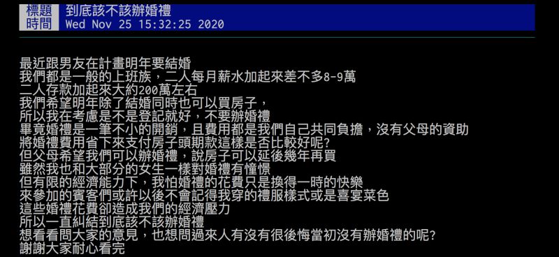 ▲有網友詢問「將婚禮費用省下來支付房子頭期款，這樣是否比較好呢？」引發討論。（圖／翻攝自批踢踢）