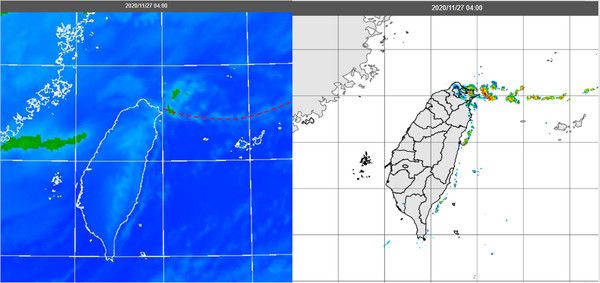 ▲今(27日)晨4時紅外線色調強化雲圖（左）顯示，紅虛線部分為東北季風前緣舉升形成的線狀雲系，即將觸及北台灣。（圖／翻攝自《三立準氣象·