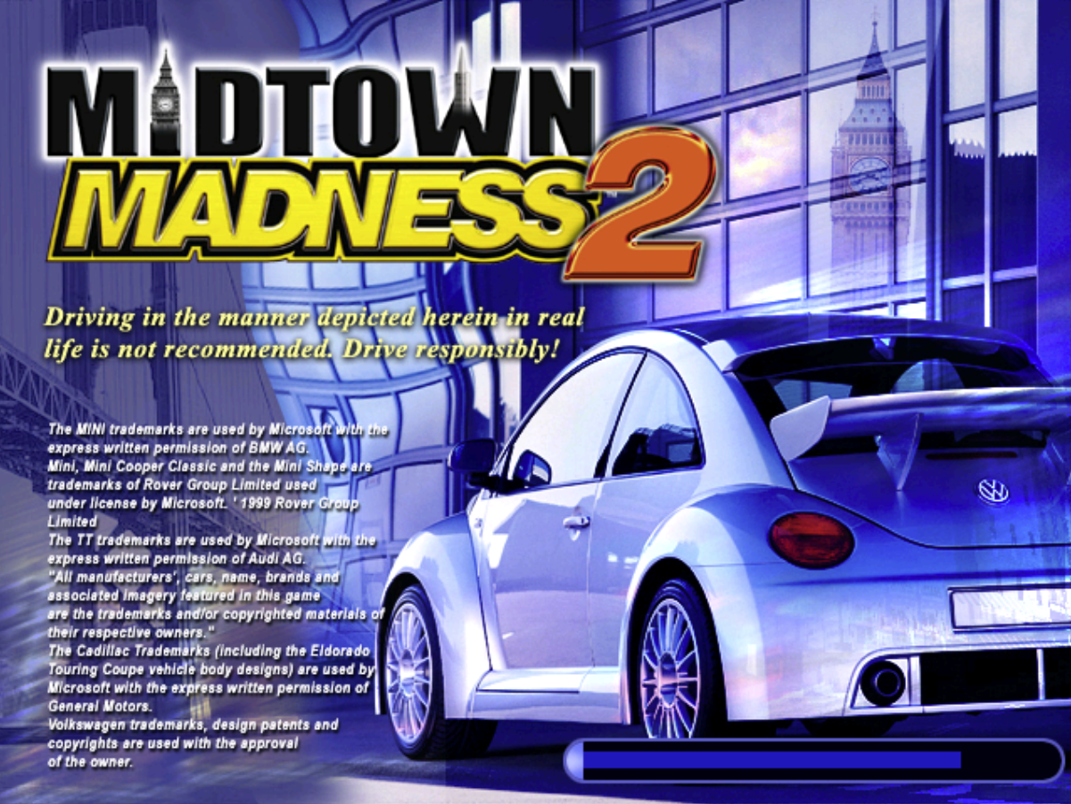 《瘋狂城市賽車2》的載入讀取畫面。當時車廠授權遊戲使用實車造型與商標也相當大方，可能是在遊戲中的車款簡介畫面還會附上車廠網站廣告的緣故。