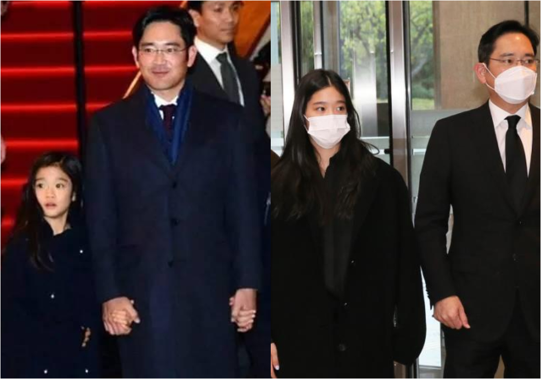 ▲李在鎔2014年出席活動時牽著11歲的女兒李元洙（左）；2020年三星會長李健熙逝世，現身喪禮的李在鎔與17歲的李元洙（右）。（圖／翻攝自網路／Naver）