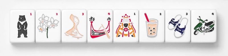 ▲日常元素像是水果、珍奶、機車、藍白拖,甚至是台灣自然、廟宇以及原住民文化,例如台灣黑熊、拼板舟等等,都躍上麻將桌。