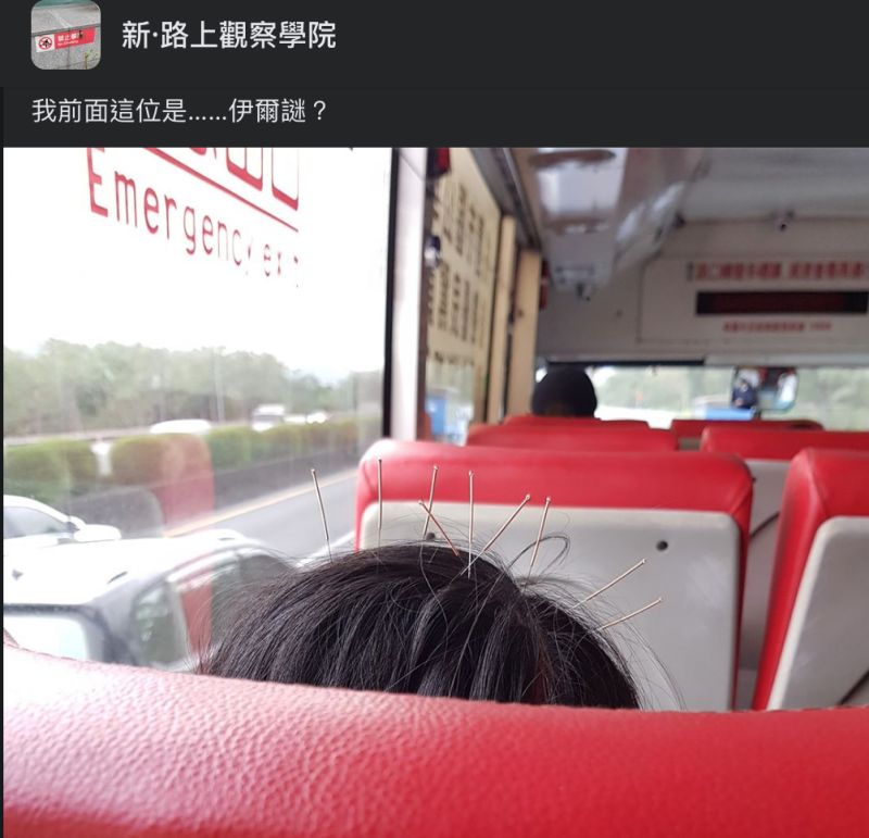▲有網友在公車上驚見一位婦女頭上插了9支針，讓他好傻眼。（圖／翻攝自《新·路上觀察學院》臉書社團）