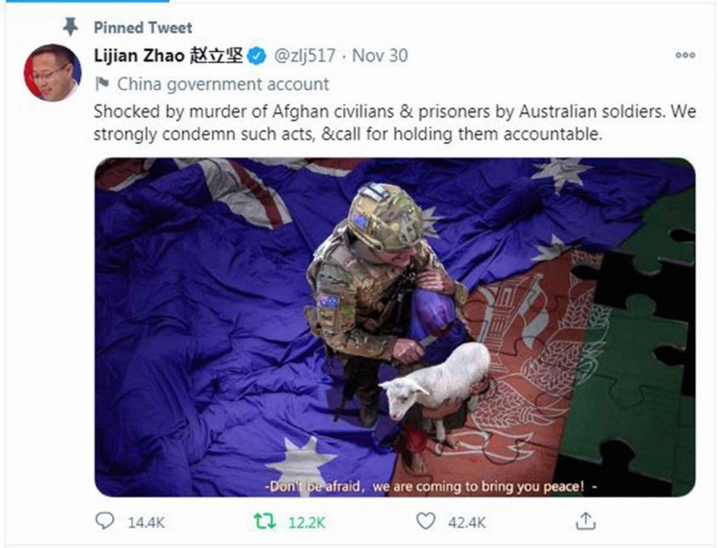 ▲中國外交部發言人趙立堅日前發布一張圖片嘲諷澳洲軍隊於阿富汗犯下戰爭罪,引發澳洲總理莫里森不滿,除了讓兩國關係再度緊張外,部分國家也出面表示中方舉止並不合適。(圖/翻攝自推特)