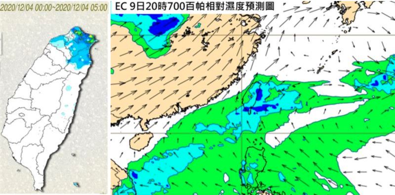 ▲圖為最新（3日20時）歐洲中期預報中心（ECMWF）模式，模擬9日20時700百帕相對濕度圖顯示，有中層水氣自南方移入，籠罩台灣。（圖／翻攝自《三立準氣象·