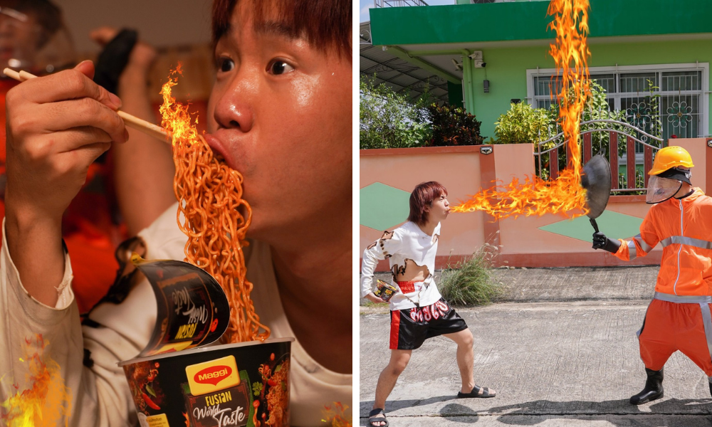 ▲一名泰國網紅Youtuber在臉書上釋出自己為泰國泡麵品牌拍攝的業配廣告圖，劇情是他在家吃泡麵吃到「噴火」，最後還出動消防隊員前來滅火。（圖／翻攝自臉書）