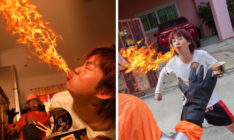 ▲一名泰國網紅Youtuber在臉書上釋出自己為泰國泡麵品牌拍攝的業配廣告圖,劇情是他在家吃泡麵吃到「噴火」,最後還出動消防隊員前來滅火。(圖/翻攝自臉書)