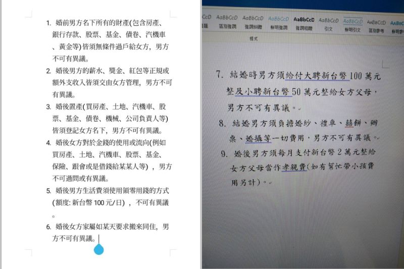 ▲許多網友看到女方家庭列的條件,都忍不住笑虧「這根本是賣身契」。(圖/翻攝自《靠北女友2.0》