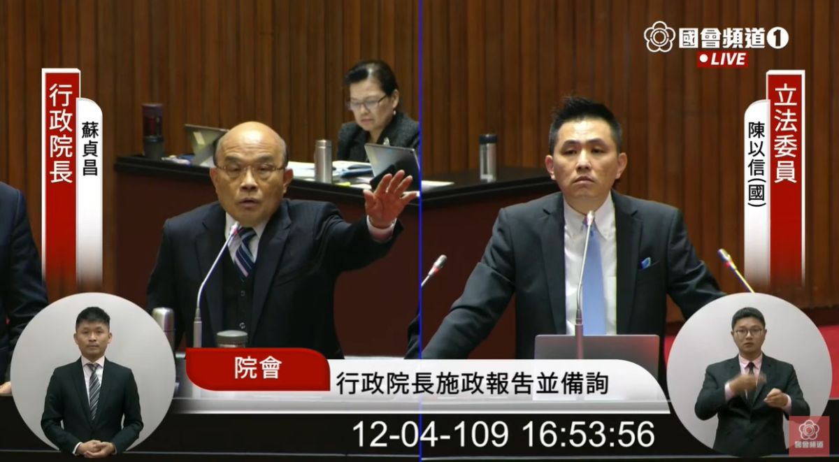 ▲國民黨立委陳以信質疑蘇貞昌在答詢時刻意答非所問，想魚目混珠，製造「信功支持萊豬」的形象，蘇則強力回擊。　（圖／翻攝國會直播）