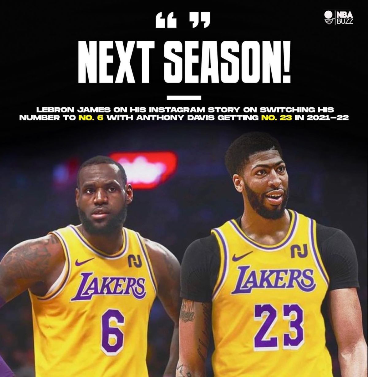 ▲LeBron James承諾下一個賽季把「23號」交給Anthony Davis使用。（圖／取自NBA Buzz Twitter）