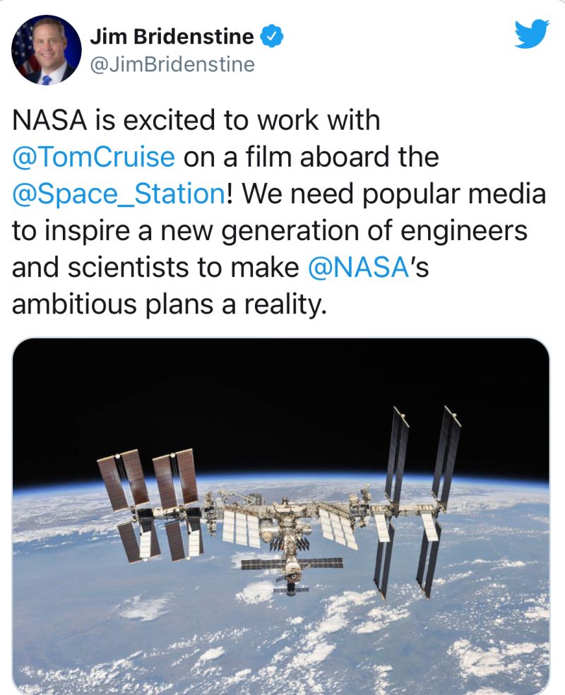 ▲美國NASA太空署長吉姆布利登斯坦發文表示，開心與阿湯哥合作。（圖／吉姆布利登斯坦推特）