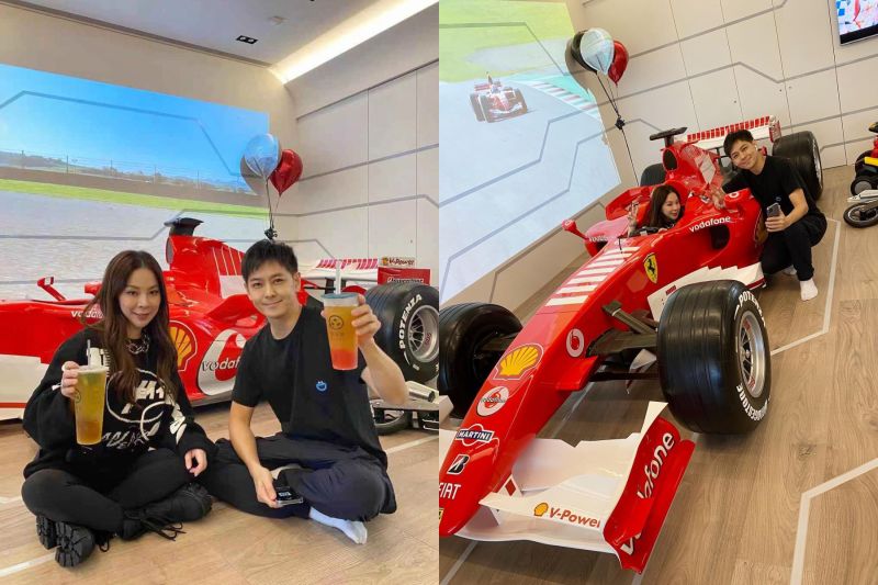 ▲林志穎(右圖右)客廳停放「F1法拉利」,楊秀蓉(右圖左)驚豔不已。(圖/楊秀蓉
