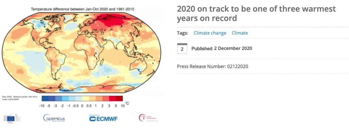 ▲聯合國今天表示，2020年是有紀錄以來最炎熱的其中1年，篤定進入史上前3，似乎還會登上史上第2。（圖／翻攝自WMO官網）