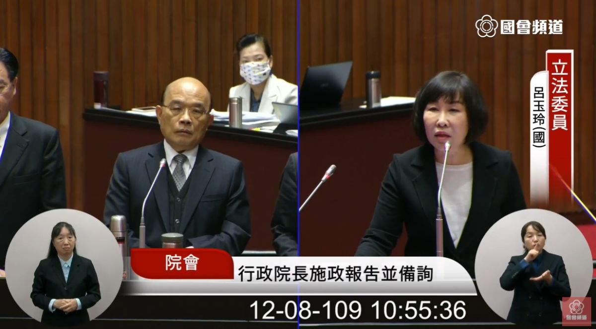 ▲行政院長蘇貞昌在面對國民黨立委呂玉玲的質詢時，表示「現在沒討論核食進口、不會處理這問題」。　（圖／翻攝國會直播）