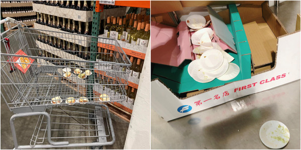 ▲有網友到美式買場撞見一名男客多次排隊拿試吃品，還將吃完的盤子隨意丟棄。（圖／《爆料公社公開版》）