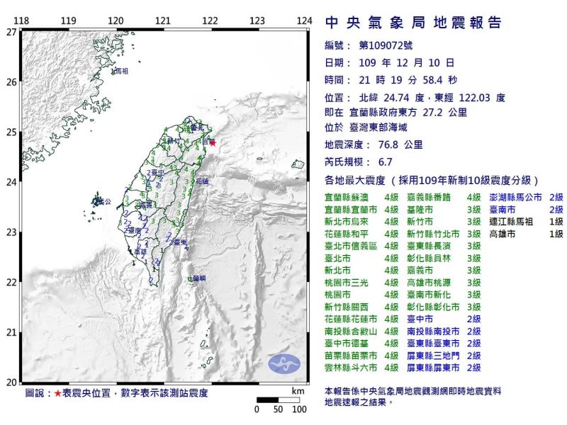 ▲台灣東部海域昨（10）日晚間9時19分發生芮氏規模6.7地震。（圖／氣象局）