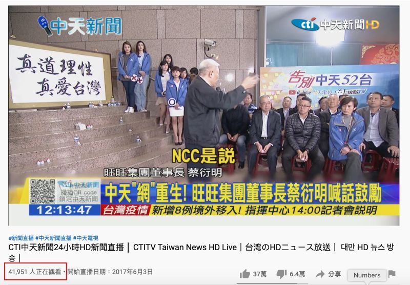 ▲中天新聞於12日中午12時,觀看人數衝破4萬人。(圖/翻攝自《中天新聞》YouTube頻道)