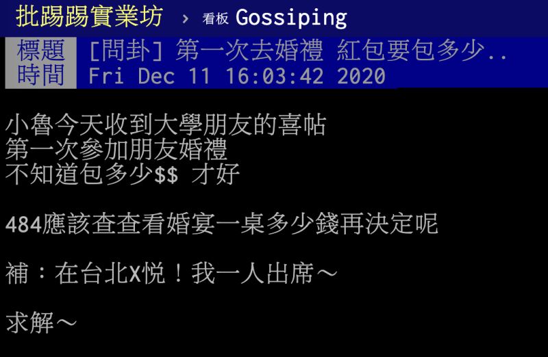 ▲第一次參加朋友的婚禮，紅包該包多少禮金？貼文引發熱議。（圖／翻攝自PTT）