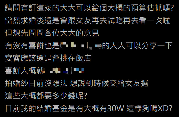 ▲一名男網友在PTT提問「結婚基金30萬夠嗎？」釣出過來人分享經驗。（圖／翻攝自PTT）