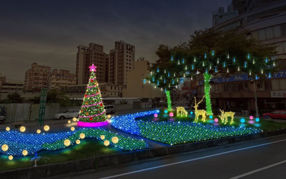 ▲台中市政府配合節慶活動進行植栽地景優化，結合花草、造型燈飾打造麋鹿雪橇、南瓜馬車、旋轉木馬等街景新意象。(圖／建設局提供2020.12.13)