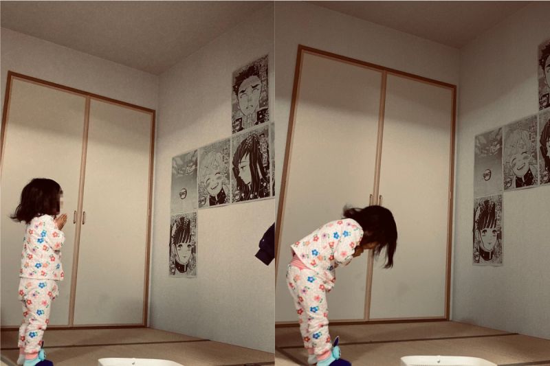 ▲原PO表示,女兒每天起床都會向牆上的柱,進行莊嚴的膜拜。(圖/翻攝自《@chibi0u0chibi》Twitter