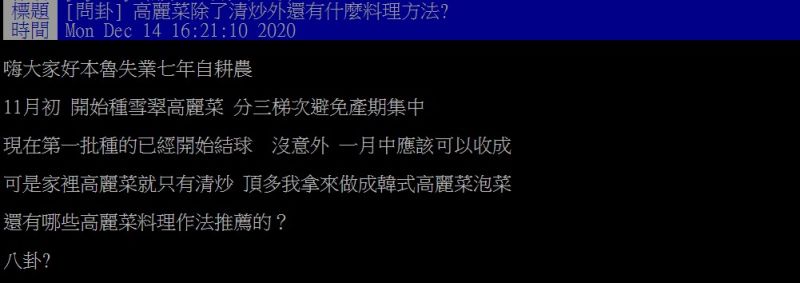 ▲原PO提問「高麗菜除了清炒外還有什麼料理方法?」(圖/翻攝PTT)