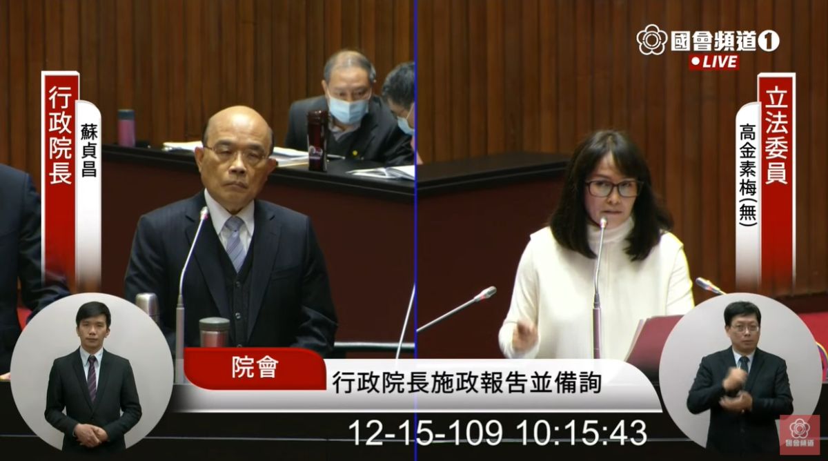 ▲無黨籍立委高金素梅表示，萊豬萊牛進口壓力，前總統陳水扁、馬英九都面對過，但他們都能挺住國際壓力，唯獨蔡英文對美國雙手奉上。　（圖／翻攝國會直播）