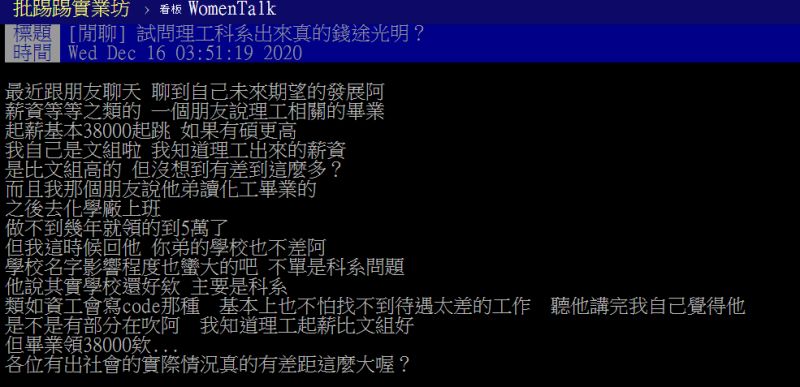 ▲有網友提到，聽聞理工科畢業友人畢業起薪3萬8千，忍不住訝異「跟文組相比簡直天差地別」。（圖／翻攝PTT）