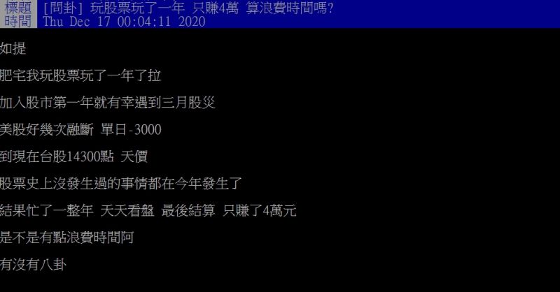▲原PO指出,自己玩股票1年卻僅賺4萬元。(圖/翻攝PTT)