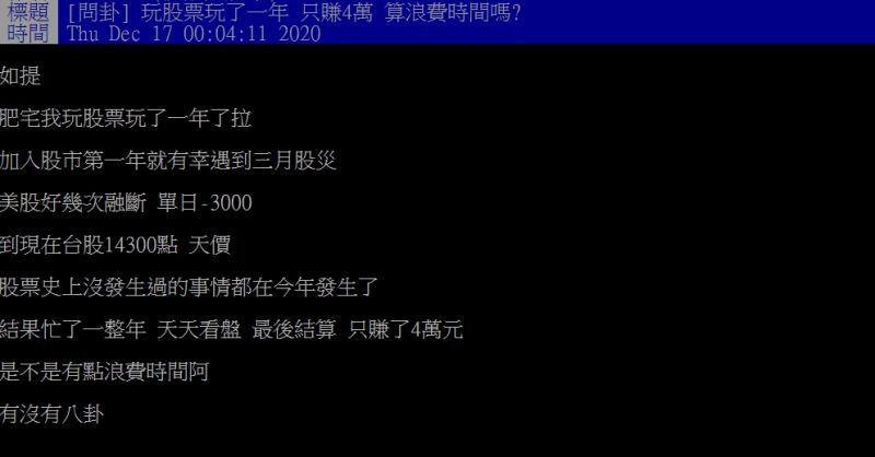 ▲原PO指出，自己玩股票1年卻僅賺4萬元。（圖／翻攝PTT）