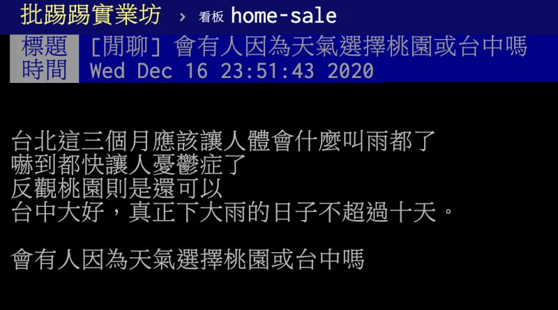 ▲會因為天氣因素搬到桃園或台中居住?貼文引發熱議。(圖/翻攝自PTT)