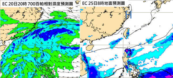 ▲根據最新歐洲模式模擬顯示，模擬25日8時地面預測圖可看到，高壓中心在大陸長江口，向東移動，受其影響，各地至少持續兩、三天晴朗穩定、舒適的天氣。（圖／翻攝三立準氣象·