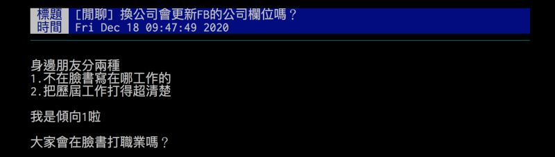 ▲網友詢問大家會在臉書上更新個人的工作動態嗎？引發討論。（圖／翻攝自批踢踢）