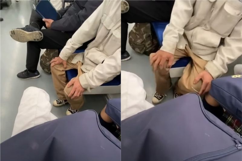 ▲有網友在火車上遇到一位阿伯，一直偷摸隔壁女學生的腿。（圖／翻攝自《爆料公社》 ）