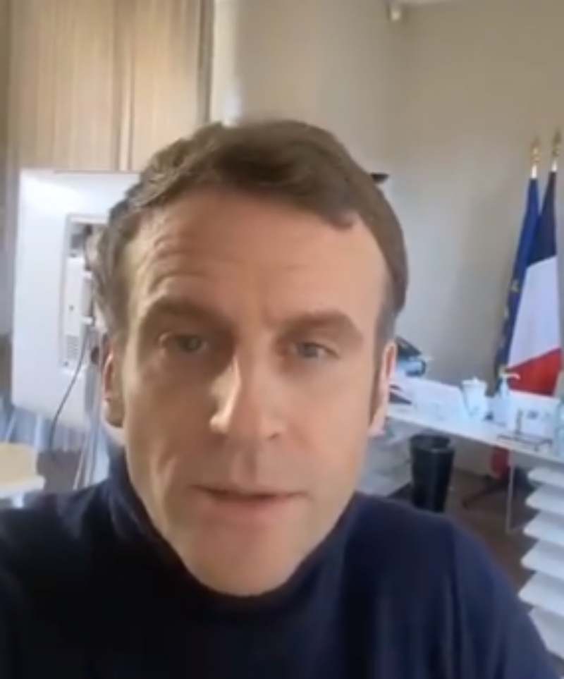 ▲法國總統馬克宏（Emmanuel Macron）上週感染新冠肺炎，在經過一週的治療後已無症狀，宣布解除隔離。圖為他染疫後於推特上傳影片。（圖／截取自推特）