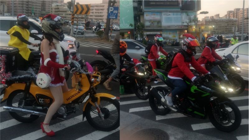 ▲有台南網友在街上發現，一群身穿聖誕裝的機車騎士們在車陣中特別搶眼，更有女騎士用心打扮讓不少網友直呼「戀愛了」。（圖／網友授權提供）