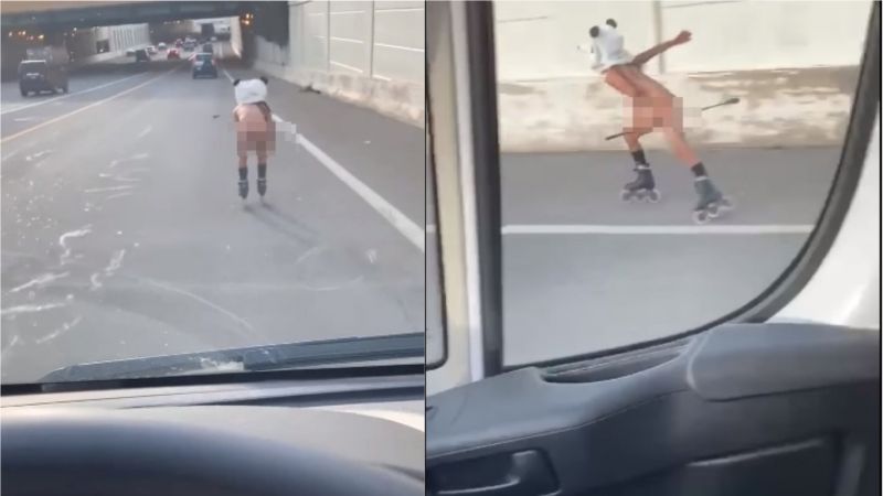 ▲美國俄亥俄州高速公路上出現一名頭戴貓熊頭套的裸男，車陣當中腳踏直排輪飛快前進。（圖／翻攝自Lexi Bae臉書）