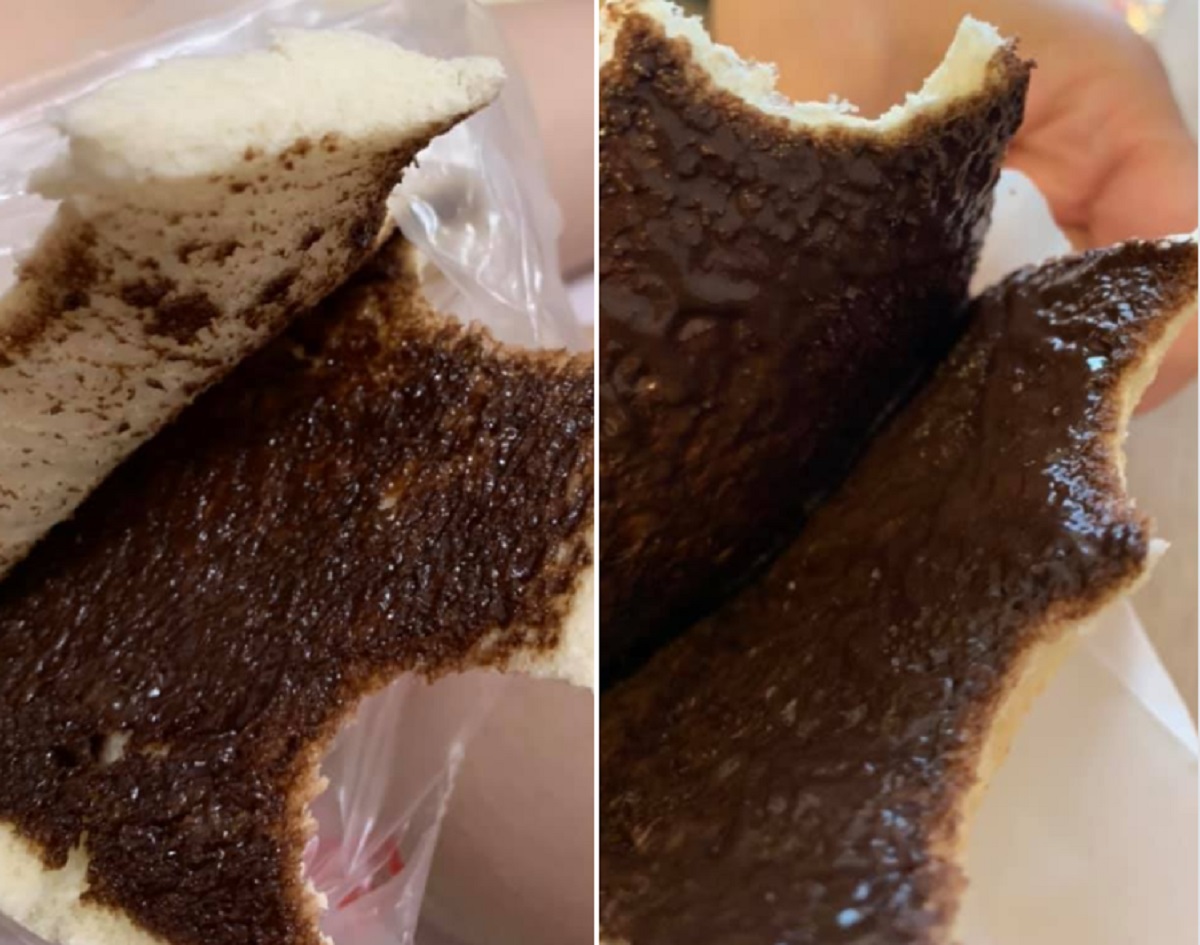 ▲一名女網友點了一份巧克力吐司，但咬一口發現竟是「一半奶油，一半巧克力」，讓她一秒心碎，不過，不少人看後卻大讚好吃。（圖／翻攝自臉書社團《爆怨公社》）