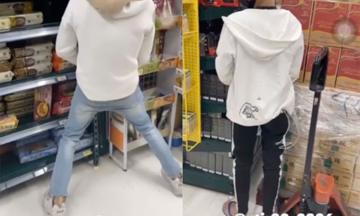 ▲一名女網友在《Dcard》發出3則影片，竟然有男學生直接在家樂福原地解放。（圖／翻攝自《Dcard》）