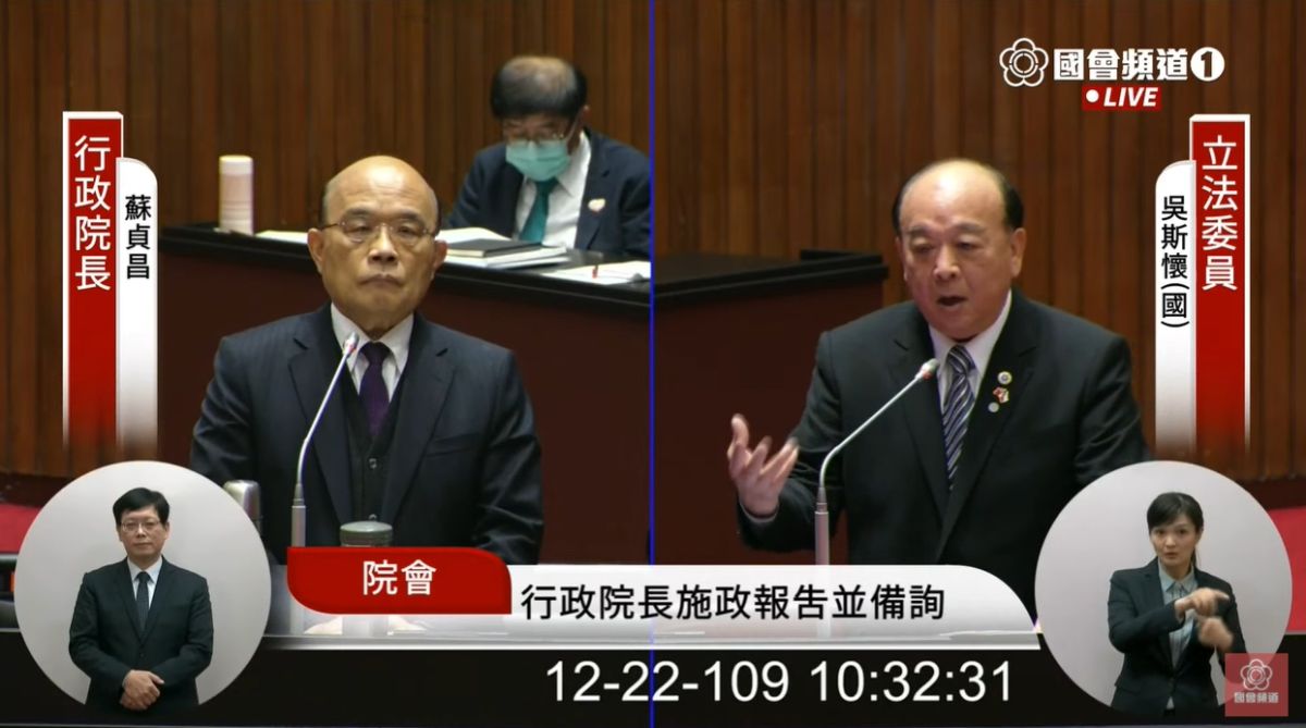 ▲國民黨立委吳斯懷認為防疫指揮官陳時中對於英國變種病毒過於樂觀，恐會導致疫情在台灣大規模擴散。　（圖／翻攝國會直播）