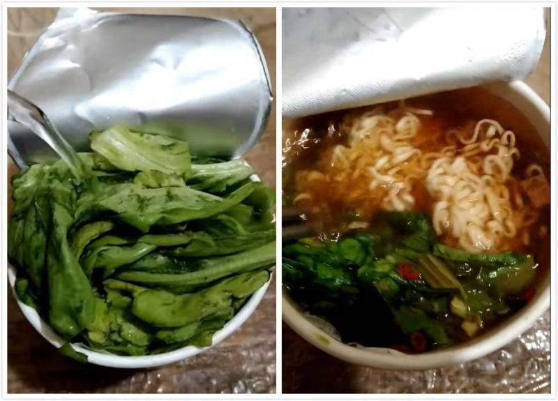 ▲網友分享泡麵特殊吃法,在沖泡泡麵的同時,加入茼蒿一起泡。(合成圖/翻攝自臉書社團《全聯消費經驗老實說》)