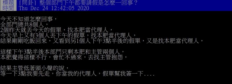 ▲原PO指出,公司部門全體同事到了下午都請假。(圖/翻攝PTT)