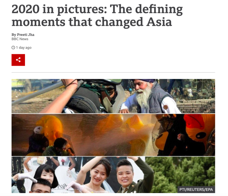 ▲BBC於週四分享了十張精選照片,表示這些關鍵時刻都為亞洲地區帶來改變,而其中一張即是台灣於10月30日軍方舉辦的聯合婚禮,展現多元化社會和包容力。(圖/擷取自BBC網站)