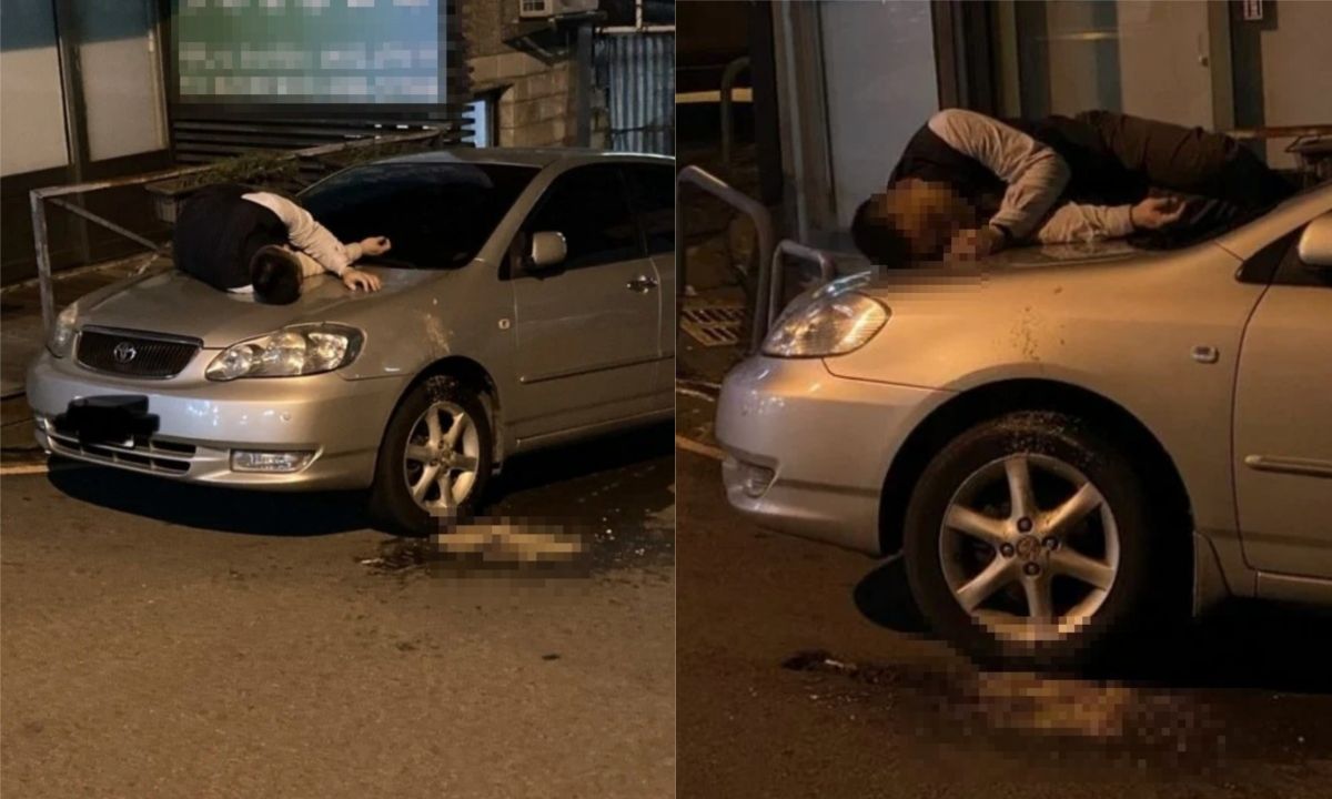 ▲一名男網友發文，表示自己第一眼看見這張照片時，還以為有人跳樓，豈料仔細一看竟是一位阿伯喝醉躺在引擎蓋上，貼文一出，網友全吐爆。（圖／翻攝自《Dcard》）