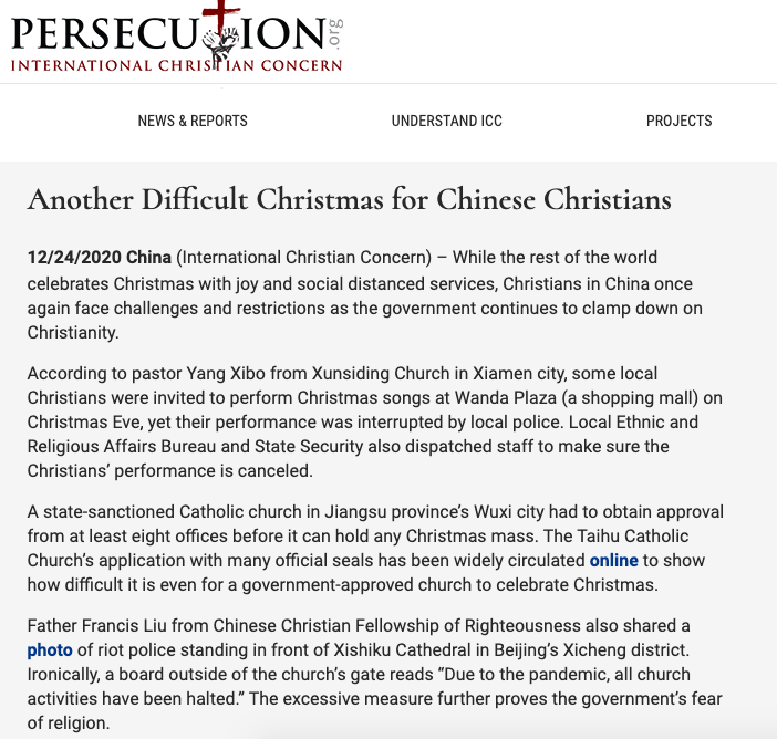 ▲國際基督教關懷組織12月24日在官網上發表有關中國境內基督徒處境的困難。（圖／翻攝自國際基督教關懷