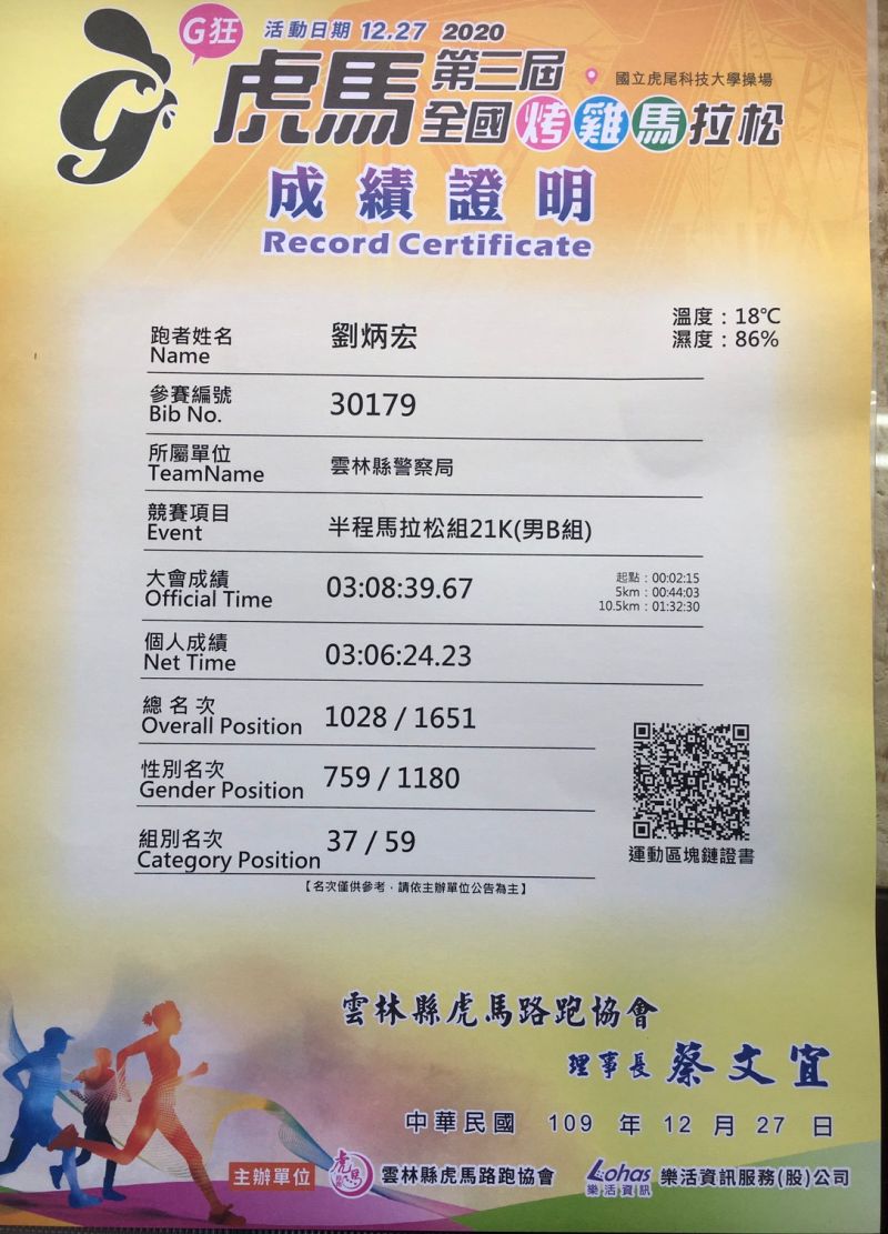 ▲半馬好手劉恭綸帶著身故父親的參賽晶片和號碼牌參賽虎尾「烤雞馬」,完成父子檔最後一場馬拉松。(圖/記者簡勇鵬攝,2020.12.27)