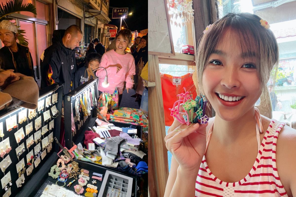 ▲小嫻（右圖）夜市擺攤賣手環，金剛（左圖左）攜帶手作點心一同加入 。（圖／小嫻臉書）