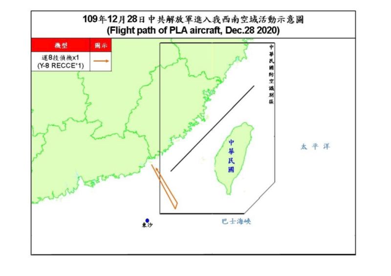 ▲國防部公布28日共機運8擾台路線示意圖。(圖/國防部提供)