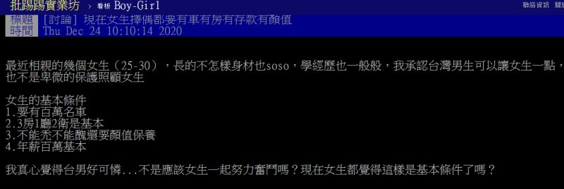 ▲女方提出的基本條件，讓不少鄉民掀起激辯。（圖／翻攝PTT）